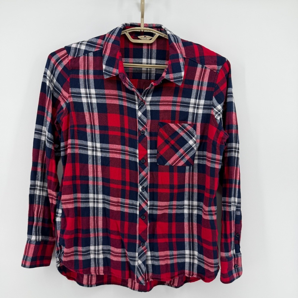 Woolrich Womens Large Red Navy Blue Plaid Flannel Button Down Shirt Cotton